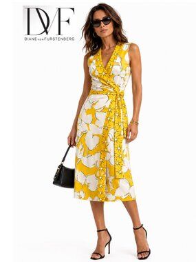 DVF Silk Yellow Floral Wrap Midi Dress Sleeveless V-Neck Size 8